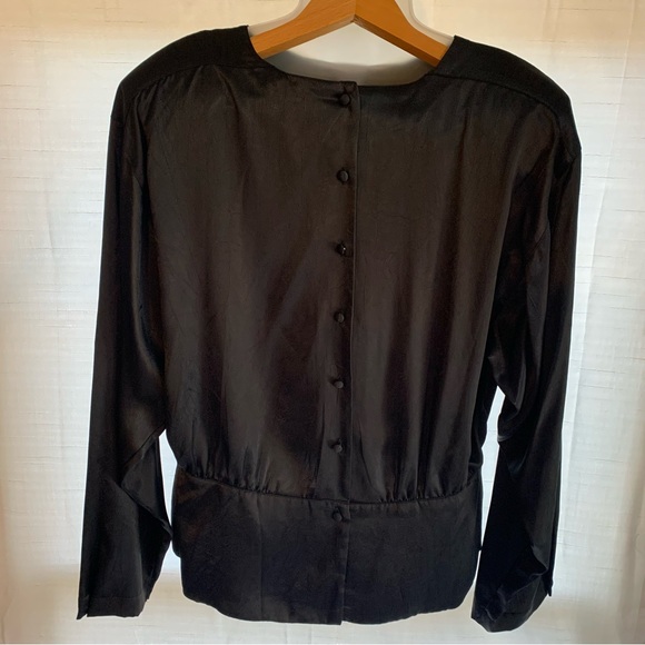 Long Sleeve Black Satin Blouse w/ Peplum Hem Buttons Up The Back Size 12 - Picture 11 of 11